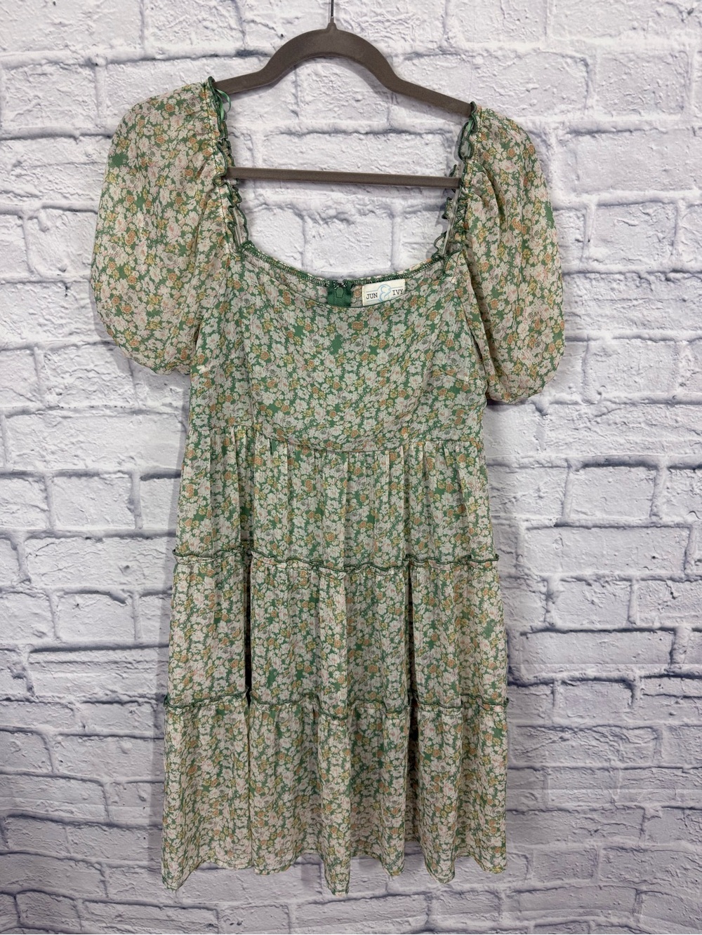 Floral Tiered Semi-Sheer Babydoll Dress - Green Floral, Size Medium - Picture 2 of 10